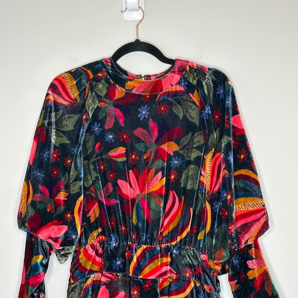 FARM Rio Velvet Banana Sky Floral Mini Dress Tiered Long Sleeve Size Small - Picture 9 of 16
